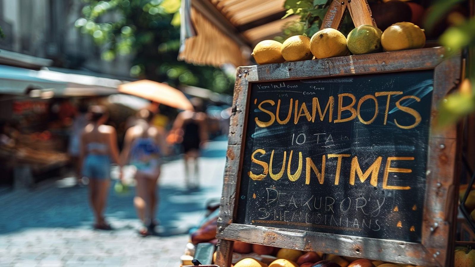 A small coastal marketplace with a hand-painted sign reading Bitcoin Accepted Here, surrounded by local vendors and warm tropical light
