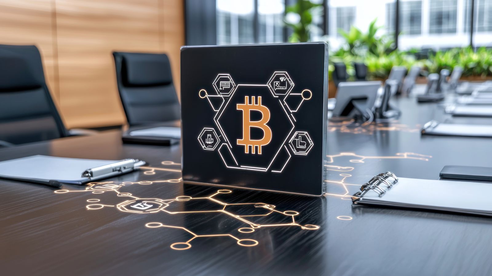 Two paths diverging from a single trailhead, one leading to a brokerage terminal labeled ETF and the other to a hardware wallet labeled self-custody, illustrating the choice between convenience and sovereignty