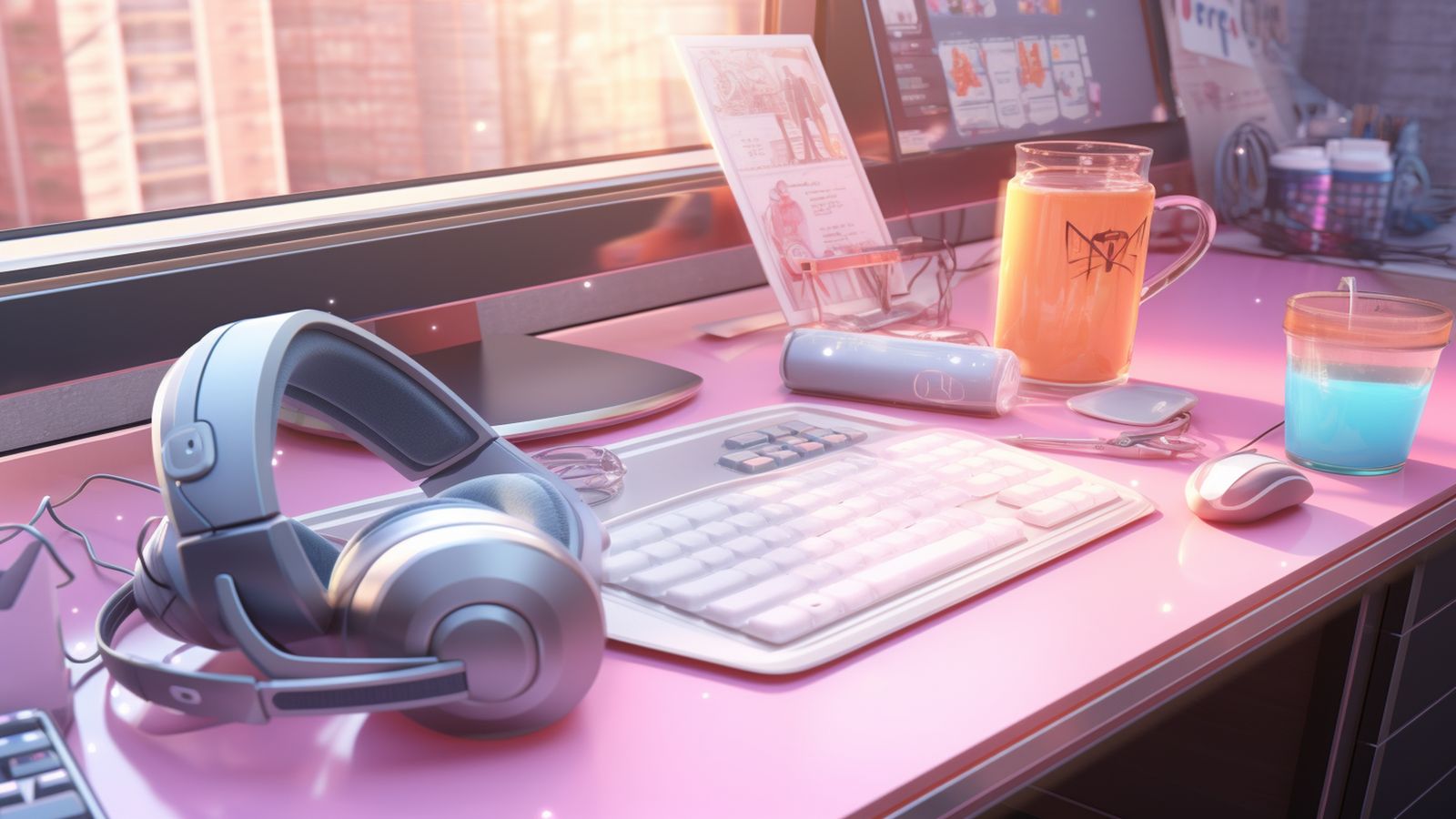 A creator's workspace with a microphone, an open notebook, and a laptop showing a Lightning payment notification beside a warm cup of coffee