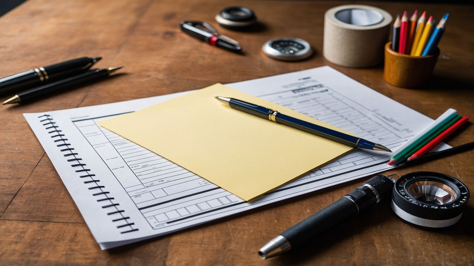 A ruled checklist on a wooden desk with several items marked off in ink, beside a hardware wallet and a reference notebook
